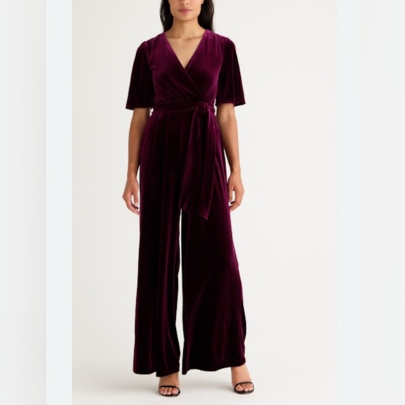 Eliza J Pants - Eliza J Velvet Faux Wrap Wide Leg Jumpsuit Size 10 Burgundy Plum Formal Wedding